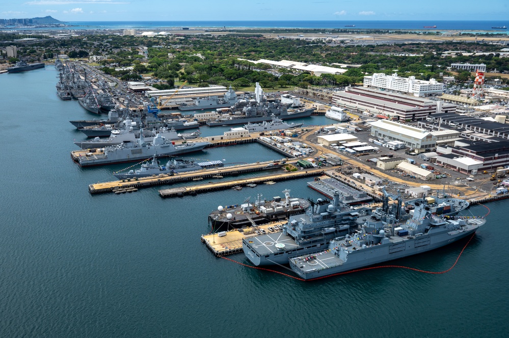 RIMPAC 2024: Aerial view of ships moored at Pearl Harbor