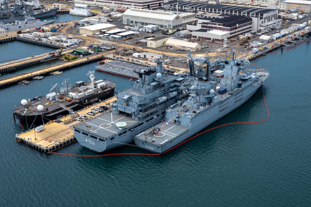 RIMPAC 2024: Ariel view of FGS Baden-Wurttemberg, FGS Frankfurt Am Main moored at Pearl Harbor