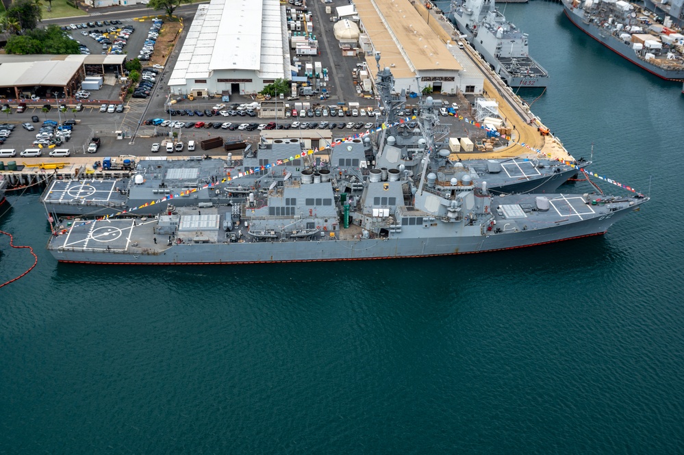 RIMPAC 2024: Aerial view of USS Fitzgerald, USS Carl Levin moored at Pearl Harbor