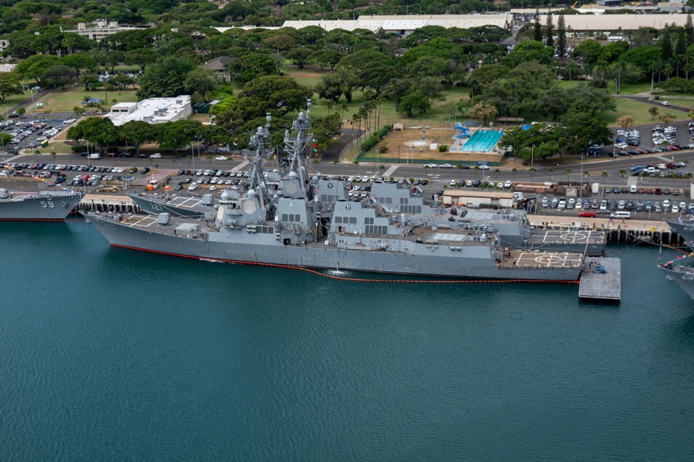 RIMPAC 2024: Aerial view of USS William P. Lawrence, USS Frank E. Petersen moored at Pearl Harbor