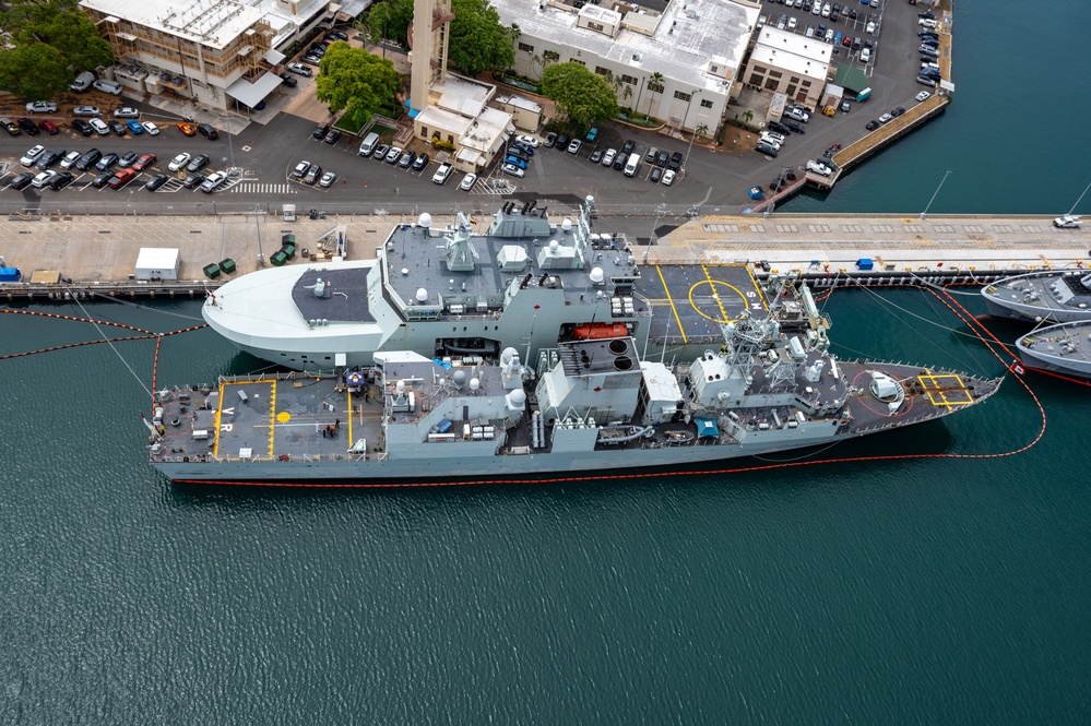 RIMPAC 2024: Aerial view of HMCS Vancouver, HMCS Max Bernays moored at Pearl Harbor