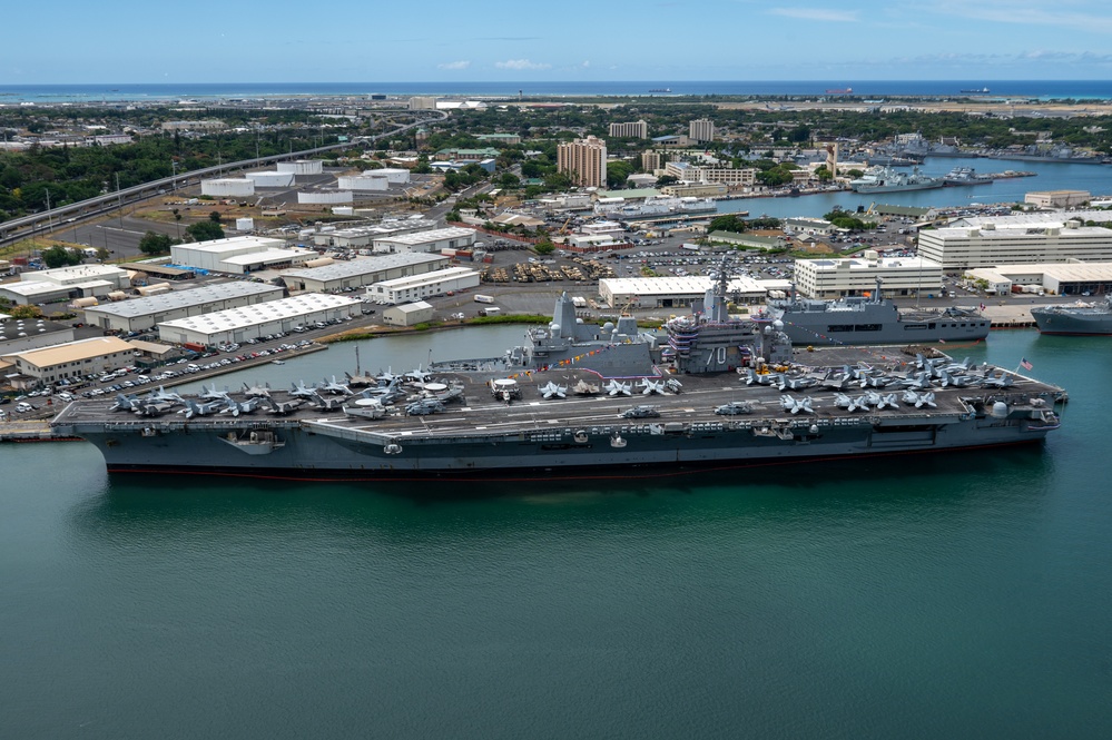 RIMPAC 2024: Aerial view of USS Carl Vinson moored at Pearl Harbor