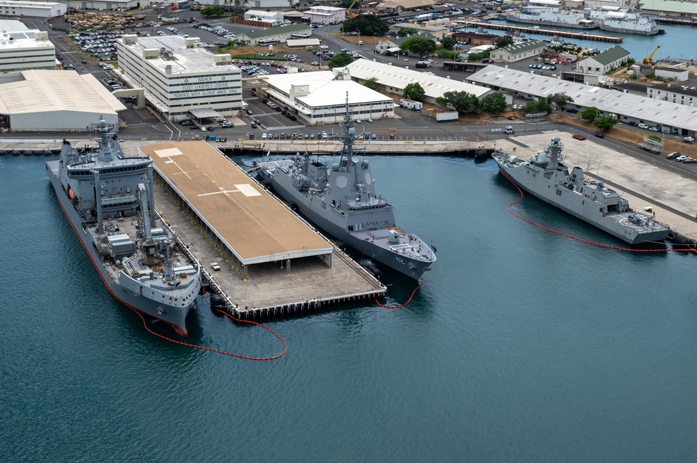 RIMPAC 2024: Aerial view of HMNZS Aotearoa, HMAS Sydney, ARM Benito Juarez moored at Pearl Harbor