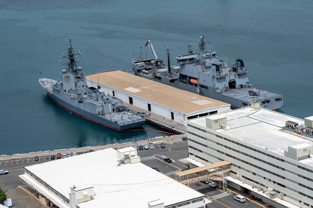 RIMPAC 2024: Aerial view of HMAS Sydney, HMNZS Aotearoa moored at Pearl Harbor