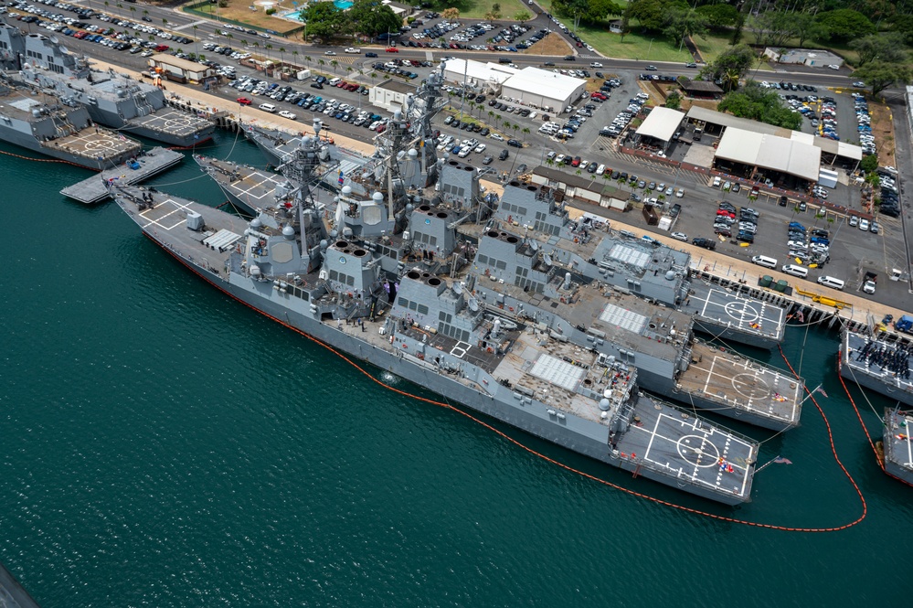 RIMPAC 2024: Aerial view USS Sterett, USS Kidd, USS Gridley moored at Pearl Harbor