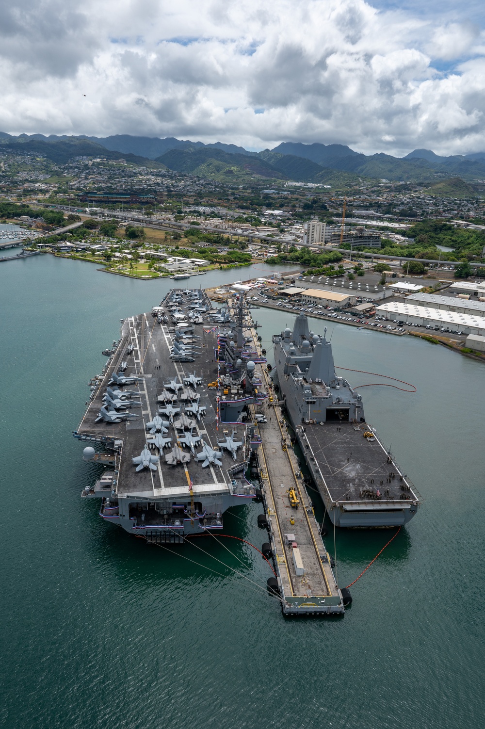 RIMPAC 2024: Aerial view of USS Carl Vinson, USS Somerset moored at Pearl Harbor