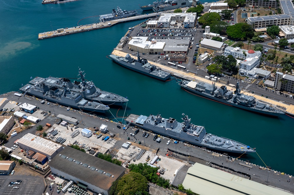 Aerial View of Ships Moored at Pearl Harbor and Ford Island During RIMPAC 2024