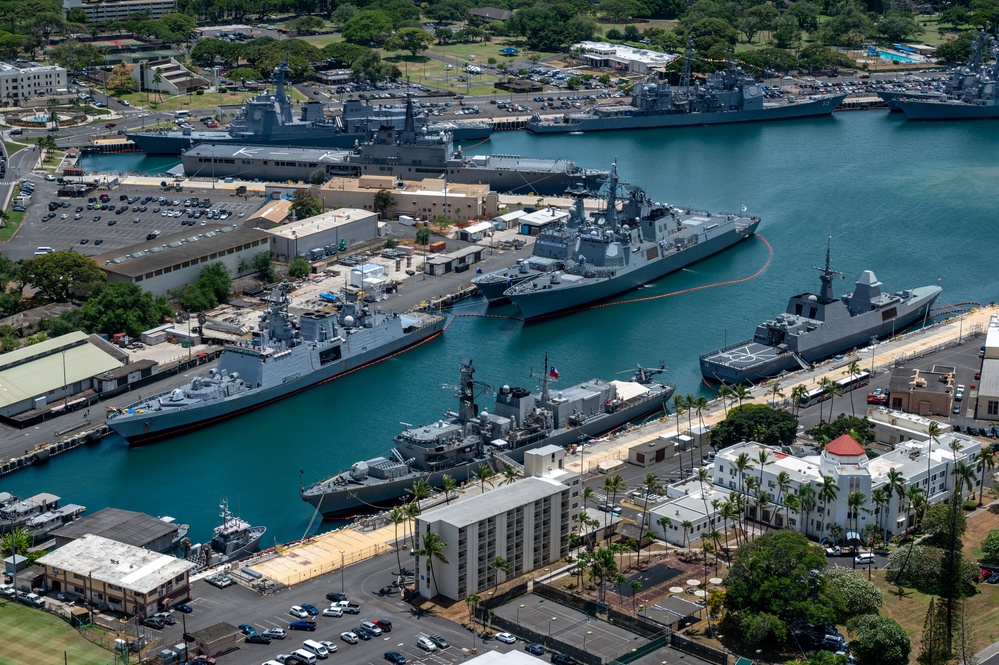 RIMPAC 2024: Aerial view of ships moored at Pearl Harbor