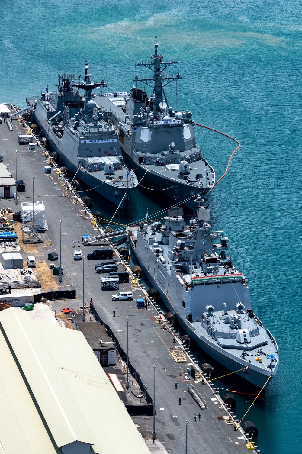 RIMPAC 2024: Aerial view of INS Shivalik, ROKS Chungmugong Yi Sun-sin, ROKS Yulgok Yi I (DDG 992) moored at Pearl Harbor