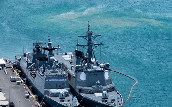 RIMPAC 2024: Aerial view of INS Shivalik, ROKS Chungmugong Yi Sun-sin, ROKS Yulgok Yi I (DDG 992) moored at Pearl Harbor