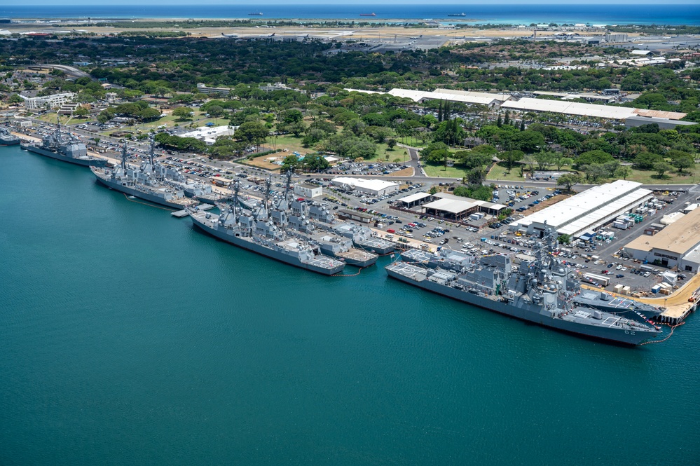 RIMPAC 2024: Aerial view of ships moored at Pearl Harbor