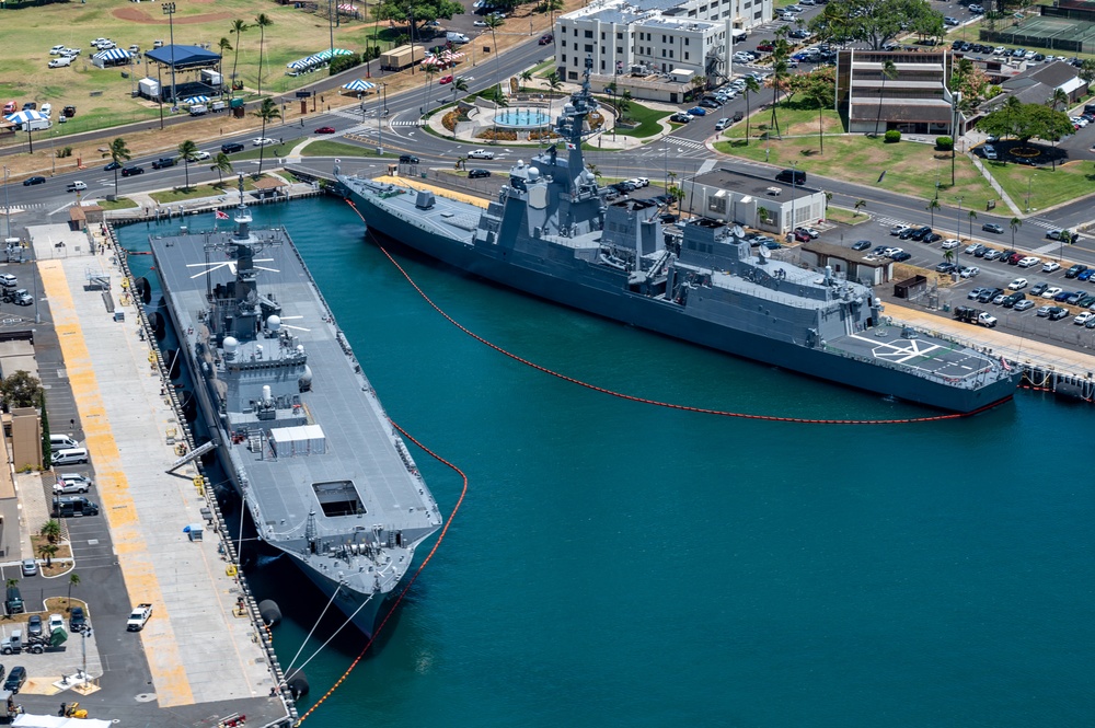 RIMPAC 2024: Aerial view of JS Kunisaki, JS Haguro moored at Pearl Harbor