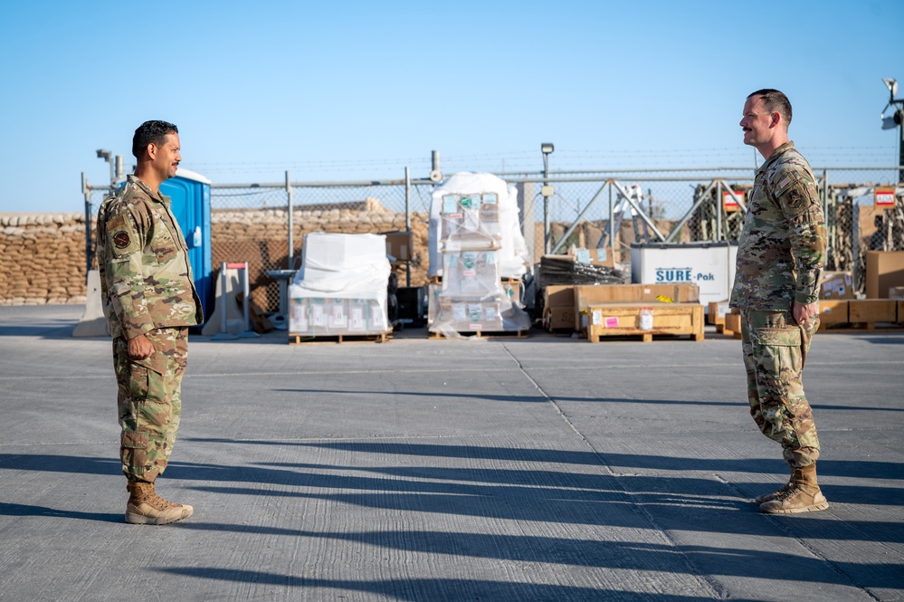 332d Expeditionary Logistics Readiness Squadron conduct an open ranks inspection while deployed