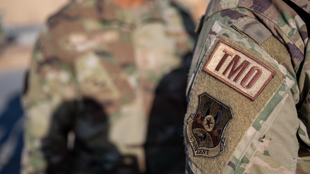 332d Expeditionary Logistics Readiness Squadron conduct an open ranks inspection while deployed