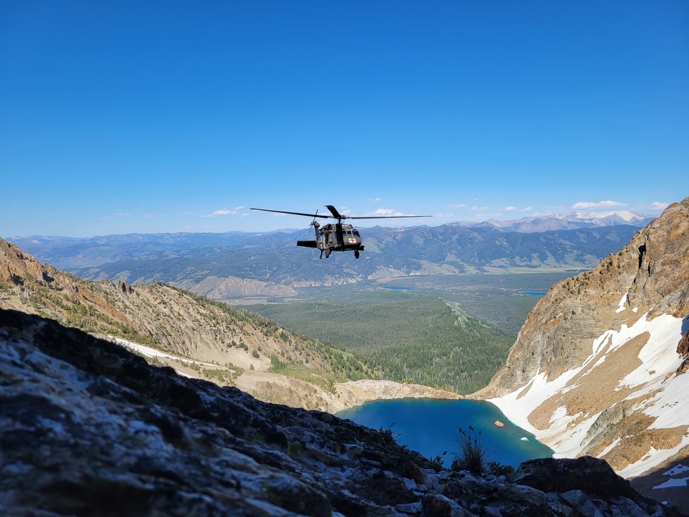 The Idaho Army National Guard’s State Aviation Group assisted Custer County Search and Rescue with the rescue of an injured hiker July 6 on Thompson Peak of the Sawtooth Range, outside of Stanley, Idaho.