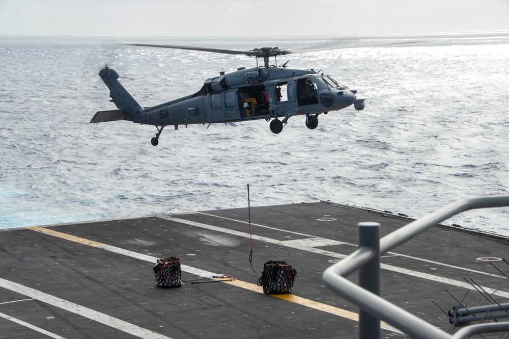 USS Ronald Reagan (CVN 76) conducts a vertical replenishment refresher