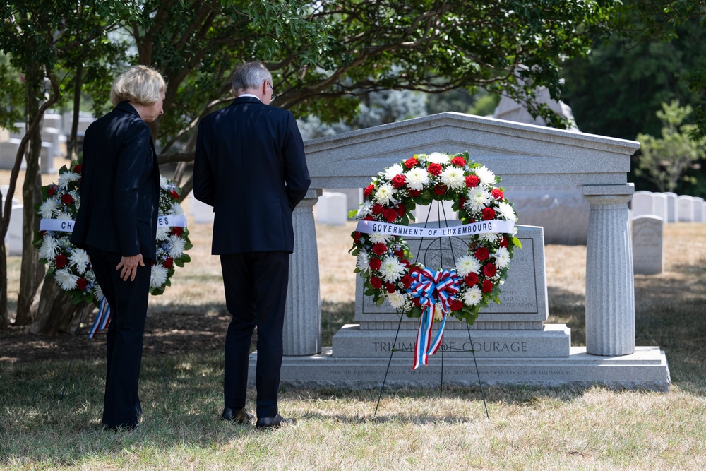 Prime Minister of Luxembourg Luc Frieden Places a Wreath at the Battle of the Bulge Memorial in Section 21