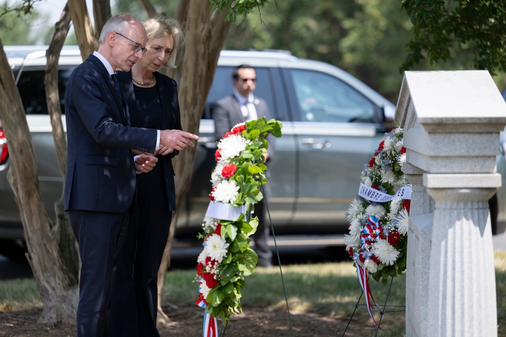 Prime Minister of Luxembourg Luc Frieden Places a Wreath at the Battle of the Bulge Memorial in Section 21