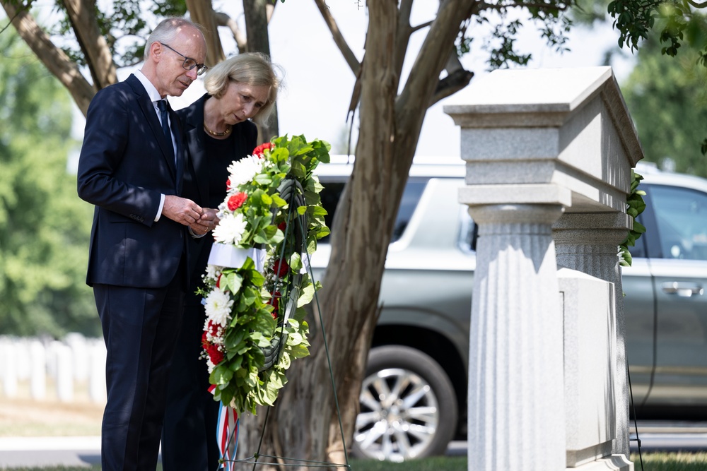 Prime Minister of Luxembourg Luc Frieden Places a Wreath at the Battle of the Bulge Memorial in Section 21