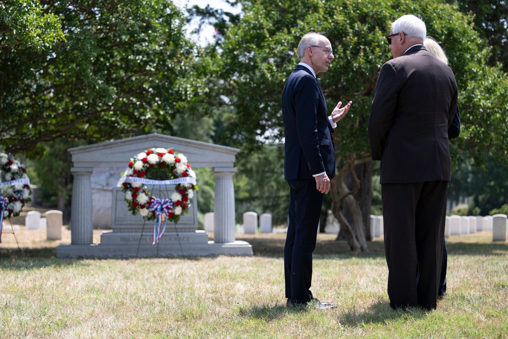 Prime Minister of Luxembourg Luc Frieden Places a Wreath at the Battle of the Bulge Memorial in Section 21