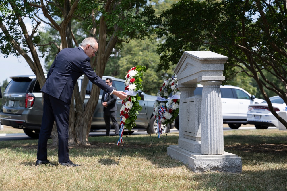 Prime Minister of Luxembourg Luc Frieden Places a Wreath at the Battle of the Bulge Memorial in Section 21