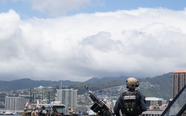 US Coast Guardsmen with Maritime Safety and Security Team conduct security exercise during RIMPAC 2024