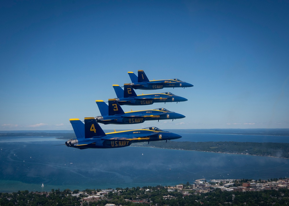 The Navy Flight Demonstration Squadron, the Blue Angels, perform in Traverse City, MI.