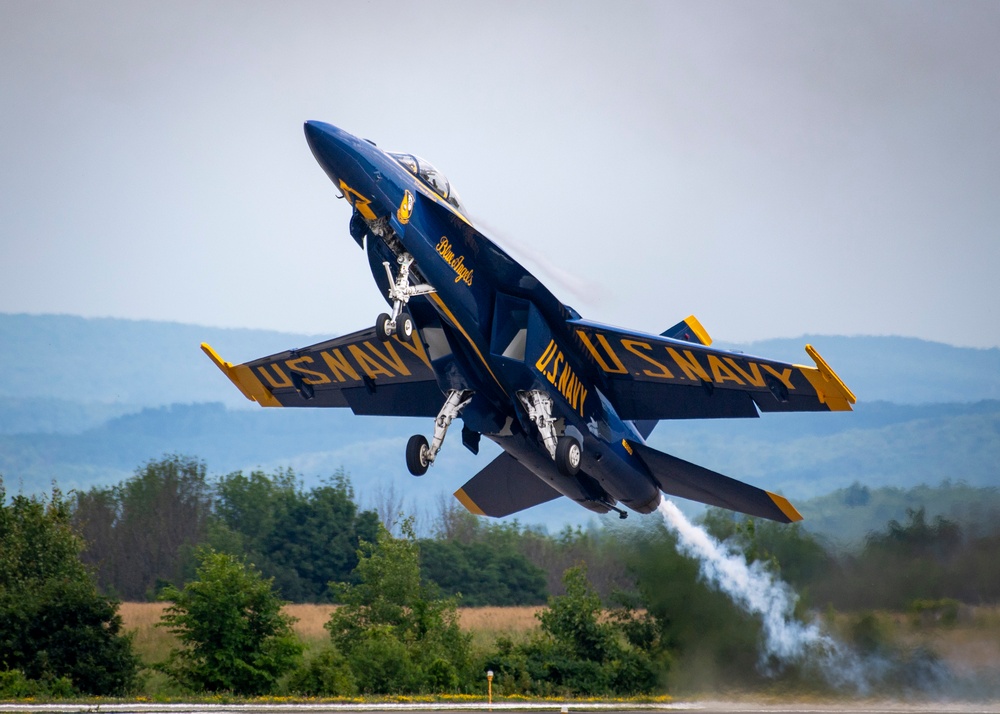 The Navy Flight Demonstration Squadron, the Blue Angels, perform in Johnson City, NY.