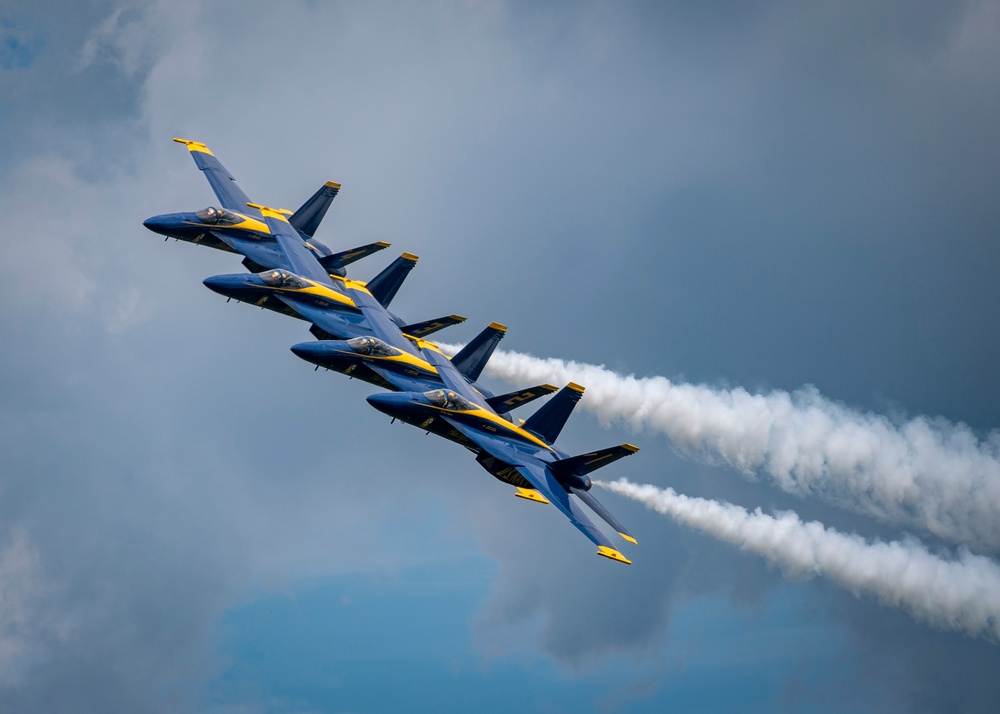 The Navy Flight Demonstration Squadron, the Blue Angels, perform in Johnson City, NY.