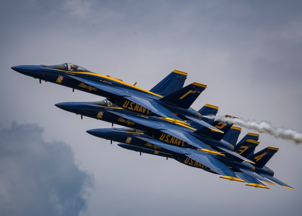 The Navy Flight Demonstration Squadron, the Blue Angels, perform in Johnson City, NY.