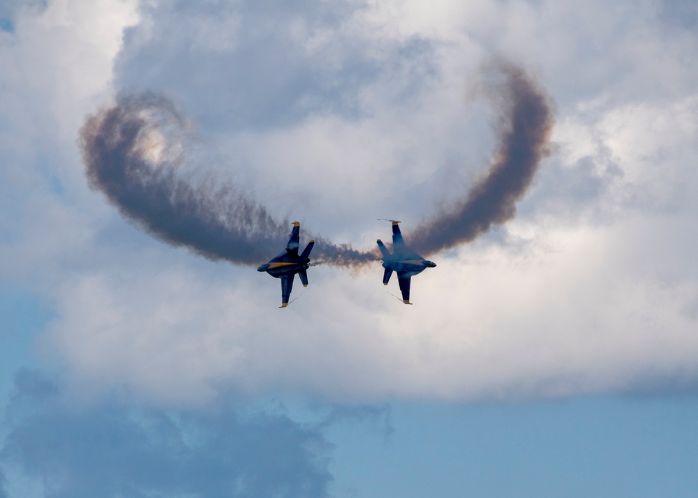 The Navy Flight Demonstration Squadron, the Blue Angels, perform in Johnson City, NY.