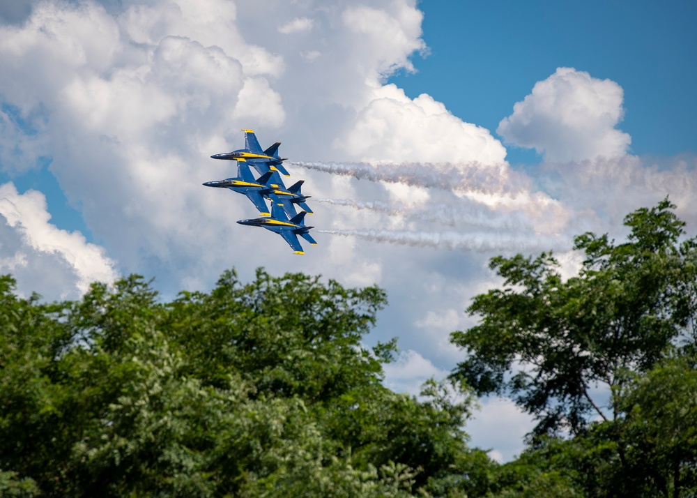The Navy Flight Demonstration Squadron, the Blue Angels, perform in Johnson City, NY.