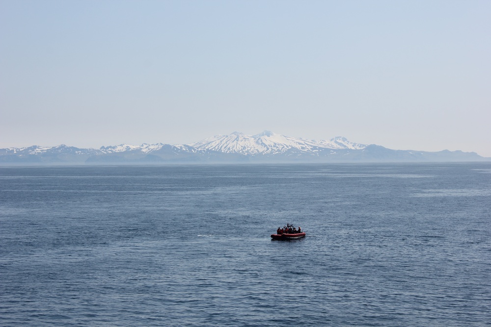 Coast Guard Cutters Healy and Kimball patrol near Unimak Pass, Alaska