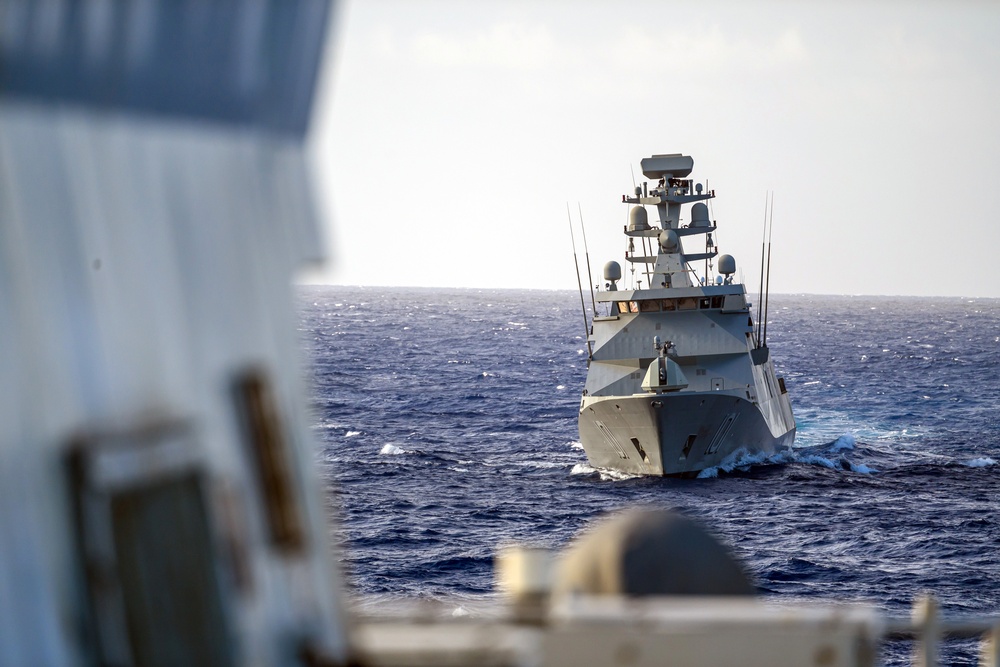 USCGC Midgett and Mexican Navy Frigate ARM Benito Juarez conduct tactical maneuvers during RIMPAC 2024