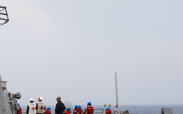 Sailors aboard the USS Howard conduct a replenishment-at-sea with the USNS Big Horn in the South China Sea