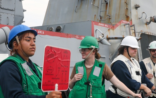 Sailors aboard the USS Howard conduct a replenishment-at-sea with the USNS Big Horn in the South China Sea