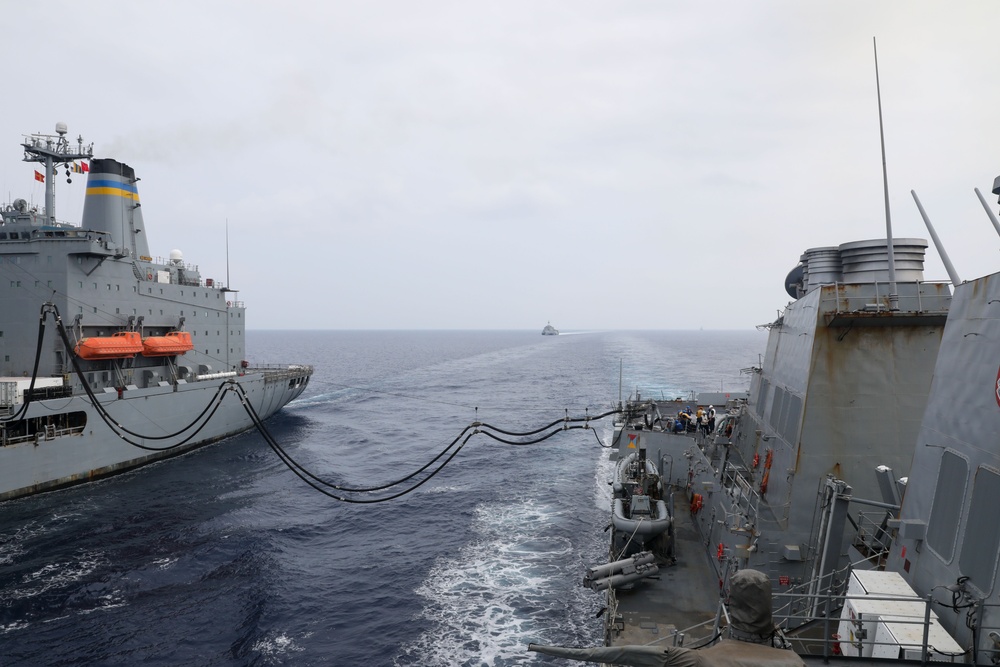Sailors aboard the USS Howard conduct a replenishment-at-sea with the USNS Big Horn in the South China Sea