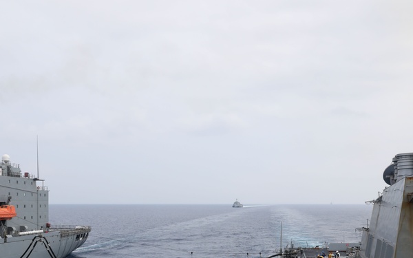 Sailors aboard the USS Howard conduct a replenishment-at-sea with the USNS Big Horn in the South China Sea