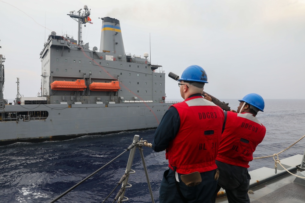 Sailors aboard the USS Howard conduct a replenishment-at-sea with the USNS Big Horn in the South China Sea