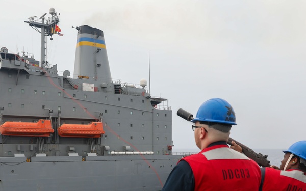 Sailors aboard the USS Howard conduct a replenishment-at-sea with the USNS Big Horn in the South China Sea