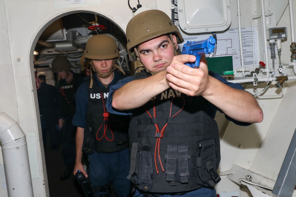 Sailors aboard the USS Howard conduct a security reaction force training exercise in the South China Sea
