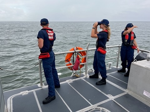 Crew from the CGC Sailfish (WPB-87356) maintain a vigilant watch during a search for a missing swimmer off Buckroe Beach in Newport News, Virginia, July 12, 2024. Rescue crews, comprised of federal, state, and local first responders, searched for a combined 80 hours and covered an area more than 700 square miles. (Courtesy photo provided by Master Chief Petty Officer Tim Abrams)