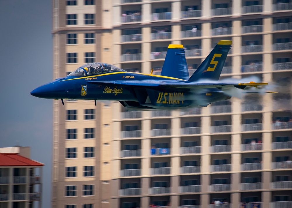 The Navy Flight Demonstration Squadron, the Blue Angels, perform in Pensacola Beach, FL.