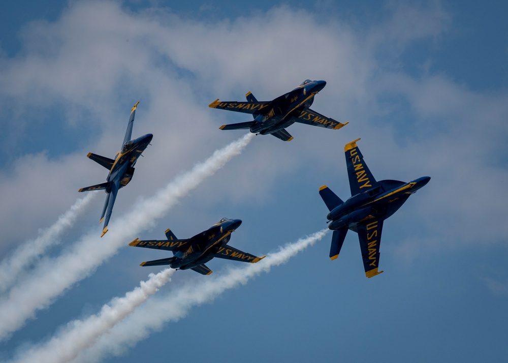 The Navy Flight Demonstration Squadron, the Blue Angels, perform in Pensacola Beach, FL.