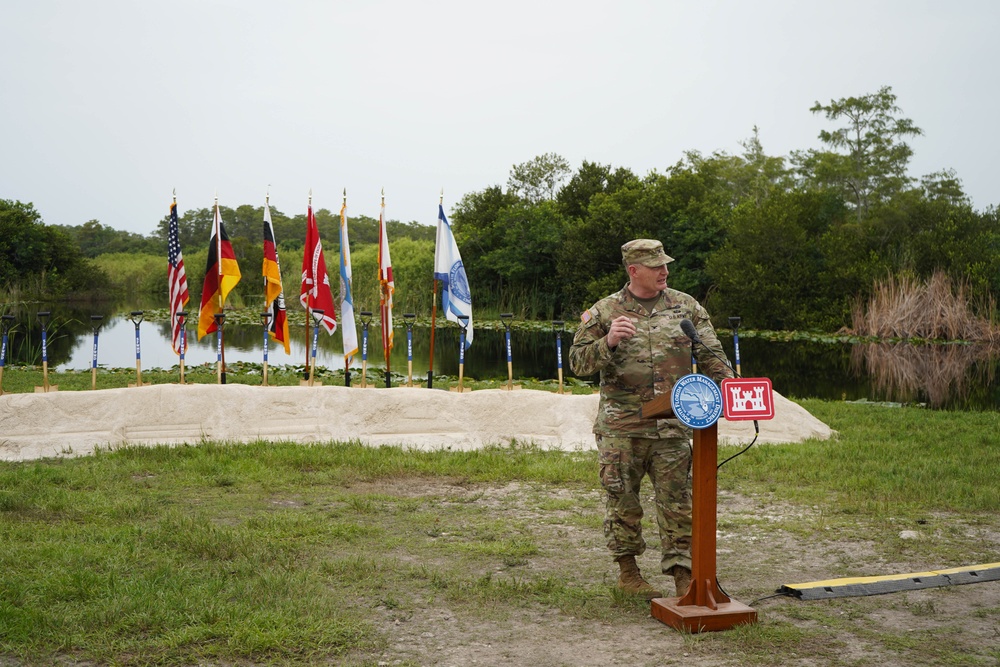 Colonel James Booth speaking at the groundbreaking event at the L-28 culvert