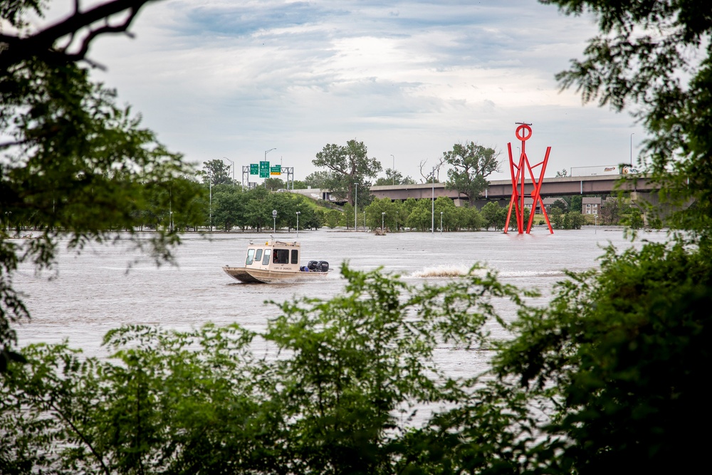 A survey watercraft assigned to the U.S. Army Corps of Engineers, Omaha District, collects water surface elevation data along the Missouri River near downtown Omaha, Nebraska, June 27, 2024.