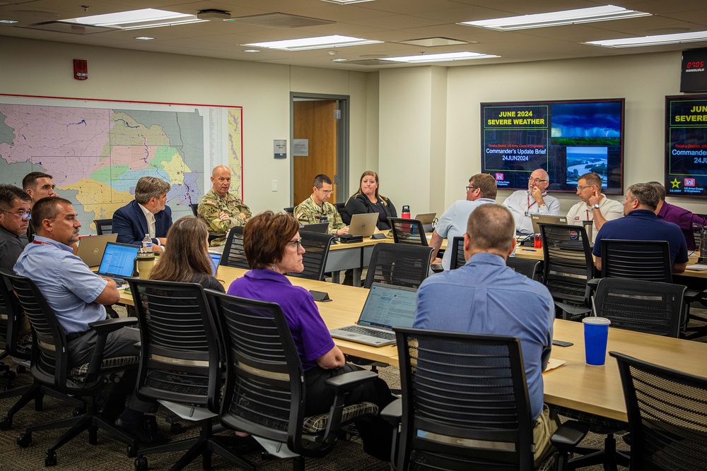 Omaha District staff man the emergency operations center at the district's headquarters in Omaha, Nebraska, as they assess the 2024 June Severe Weather event on June 27th, 2024.