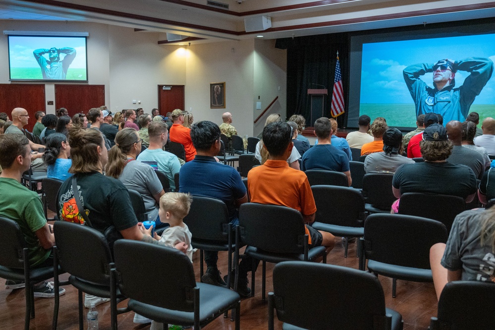 Airmen from the 97th Air Mobility Wing attend Dude Perfect watch party