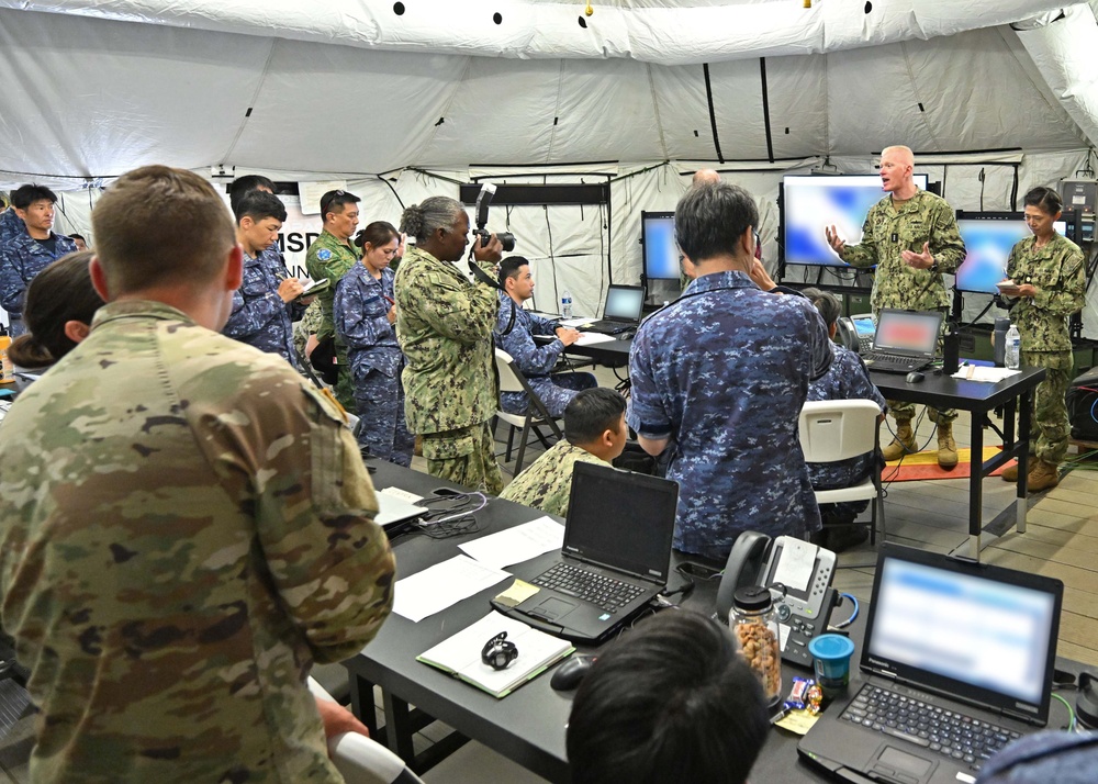 Vice Adm. John Wade, Commander, U.S. 3rd Fleet and Exercise Rim of the Pacific(RIMPAC)2024 Combined Task Force Commander, inspected the Humanitarian Assistance and Disaster Relief(HADR) camp