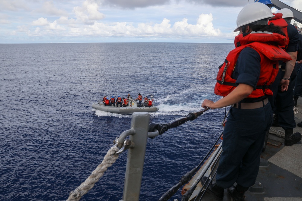 Sailors aboard the USS Howard conduct a small boat operations in the South China Sea